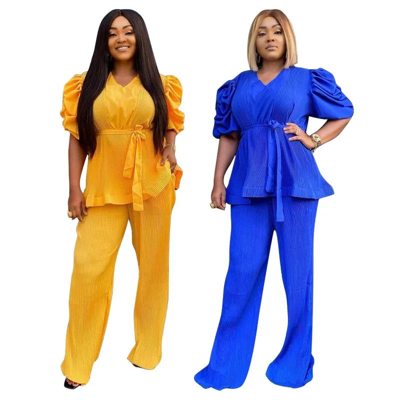 L-4XL African Clothes for Women 2 Piece Autumn Elegant African Short Sleeve V-neck Polyester Top Long Pant Matching Sets Outfits