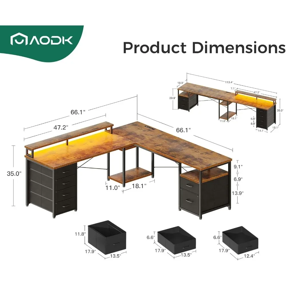 66 L Shaped Computer Desk, 113 Reversible Home Office Desk with File Cabinet & 4 Fabric Drawers, Two Person Desk with LED Lights