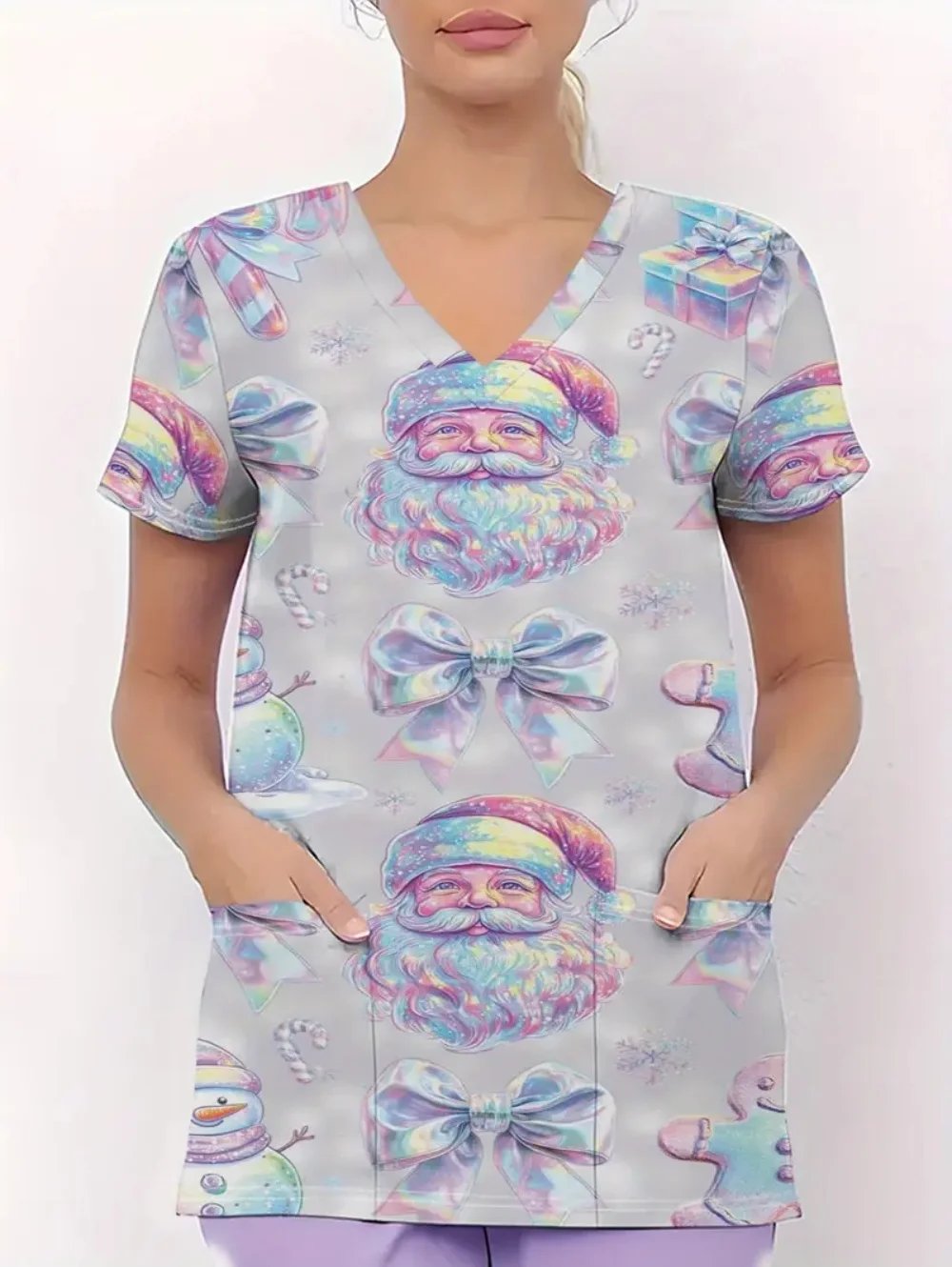 Świąteczne uniformy medyczne damskie, uroczy nadruk z kreskówkami, letni styl, krótki rękaw, z kieszeniami, odzież medyczna dla kobiet.
