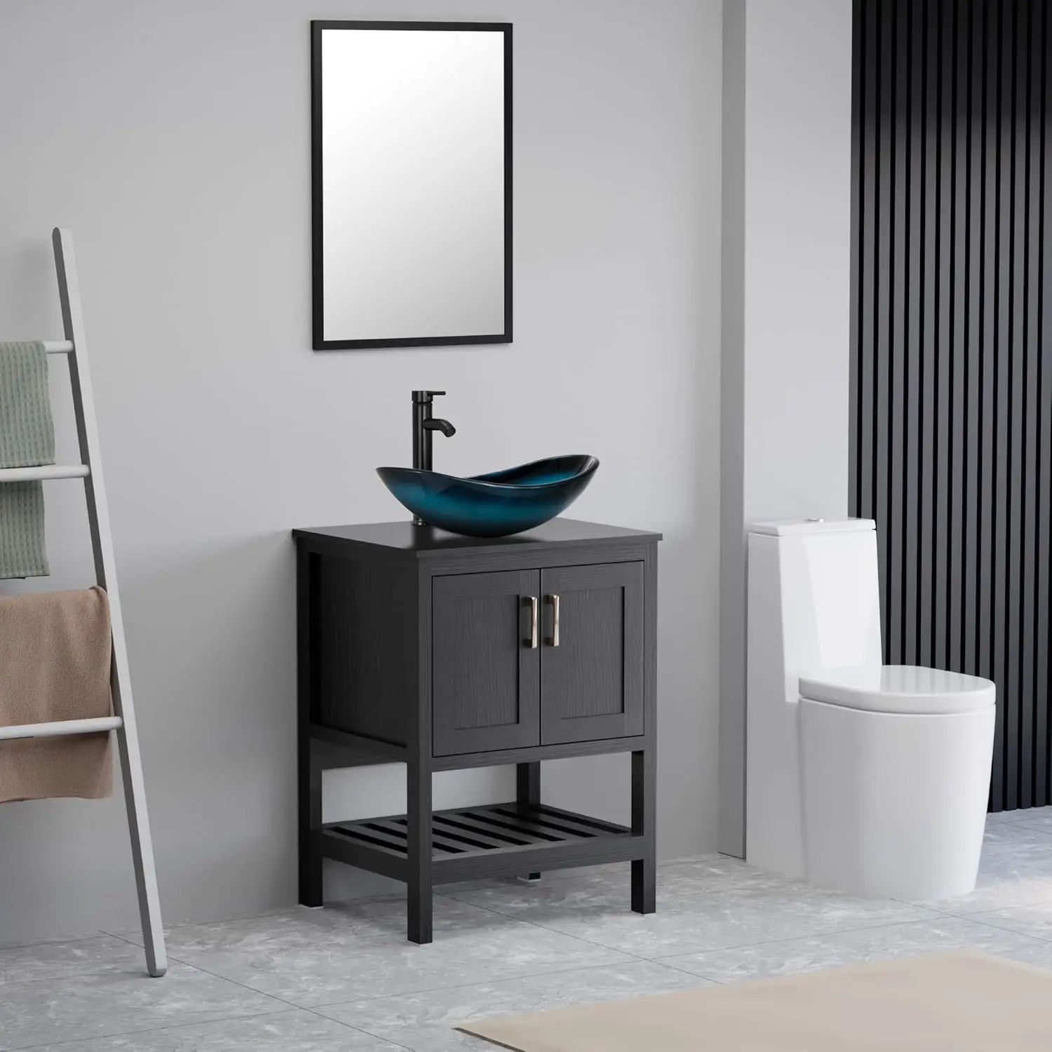 24" Bathroom Vanities Sink Combo with Open Shelf, Modern MDF Black Cabinet with Blue Boat Tempered Glass Vessel