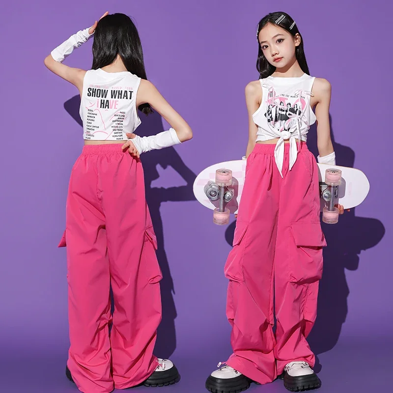 Kids Hip Hop Clothing White Crop Tank Tops with Gloves Rose Pink Casual Cargo Pants for Girl Jazz Dance Costumes Street Clothes