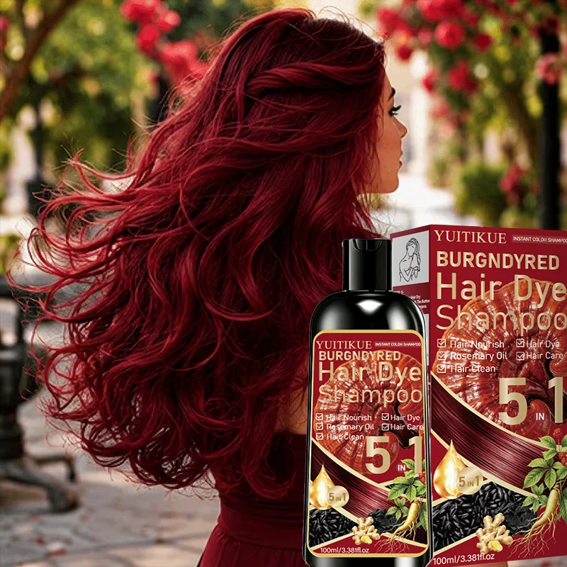 YUITIKUE Burgundy Red Instant Hair Color Shampoo 5 in 1 Natural Herbal Gray Hair Coverage Nourishing Home Hair Dye Shampoo 100ml
