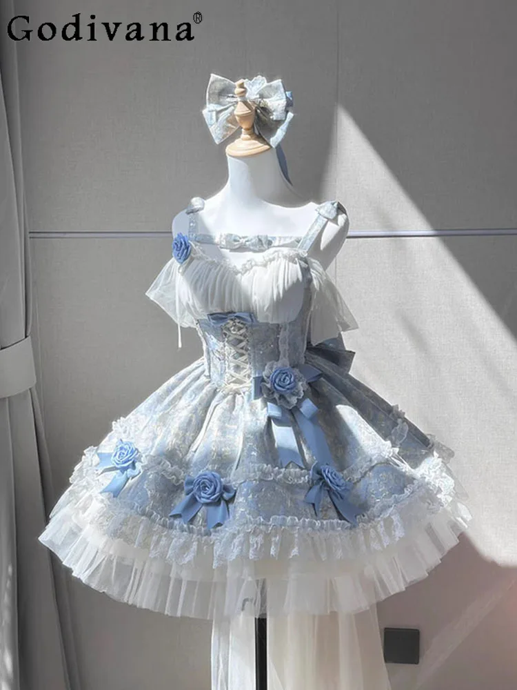 

Japanese Lolita Dresses Girly Harajuku Cute Puffy Training Princess Dress Women Slim-Fit Blue Party Dress Summer Fashion Y2k JSK