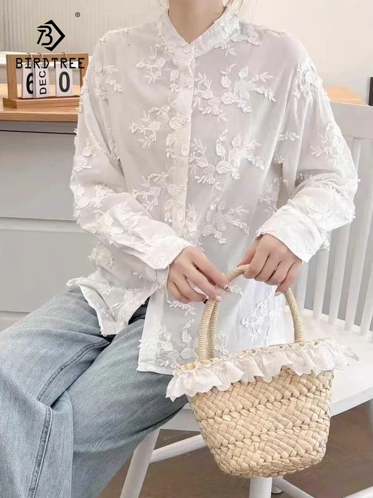 

New 2025 Autumn Cotton Long Sleeve Shirt, Women Stand 3D Floral Embroidery, Mori Girl Retro Sweet Chic Loose Blouse T570114CC