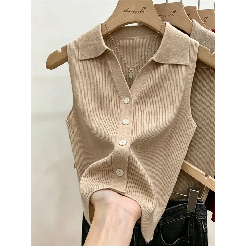 2026 New Summer Women Fashion Casual Turndown Collar Sleeveless Knitted Camisole Single Breasted Solid Color Vest Tops Outfits