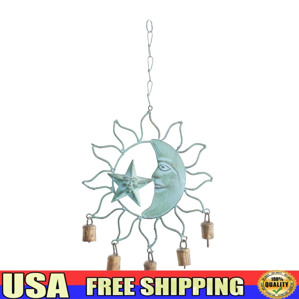 

Teal Metal Sun Moon Windchime with Bells Indoor Patio Decor Celestial Iron Chime Whimsical Design Home Accent Gift