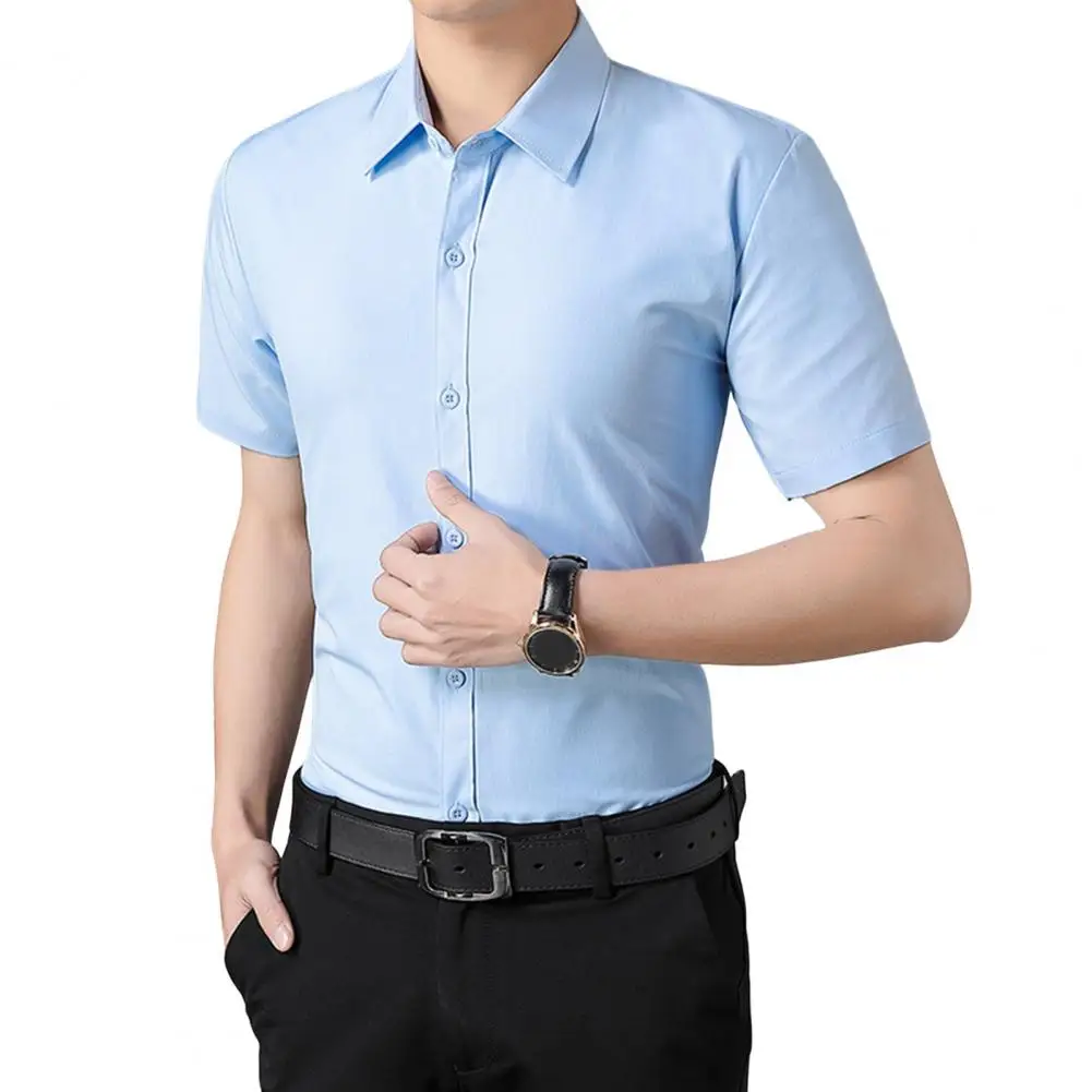 

Men Shirt Turn-down Collar Single-breasted Slim Cardigan Short Sleeves Mid Length Business camisa masculina