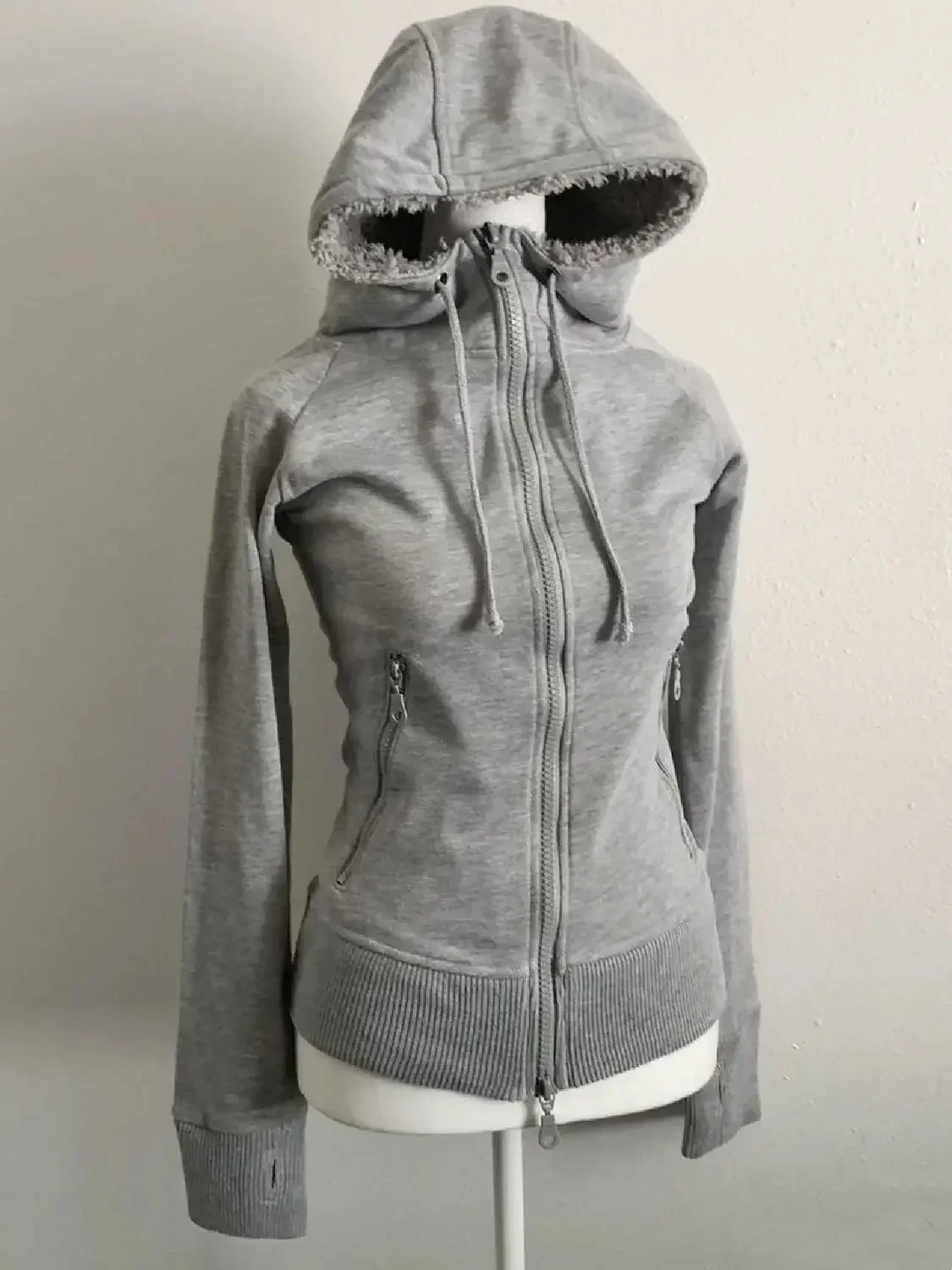 Y2k gris rétro laine Double fermeture éclair conception Vintage sweat à capuche Cardigan femmes printemps et automne taille fermeture sweat