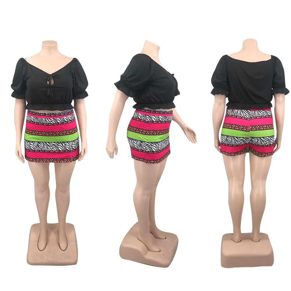 Wmstar Plus Size Women Clothing Mini Skirt Sets Summer Solid Top Print Sweet Matching Two Piece Outfits Wholesale Dropshipping