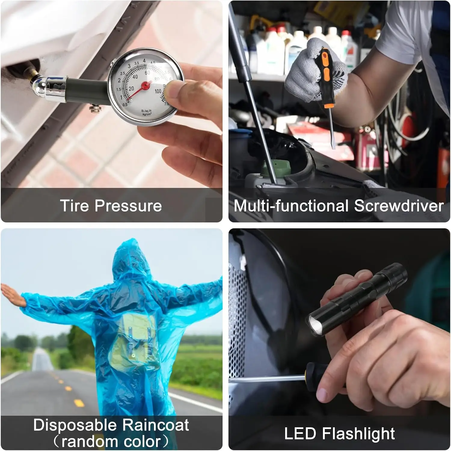 Kit de seguridad para automóvil, kit de emergencia en carretera de 14 piezas con cables de puente, compresor de aire, correa de remolque: equipo esencial para viajes y acampada