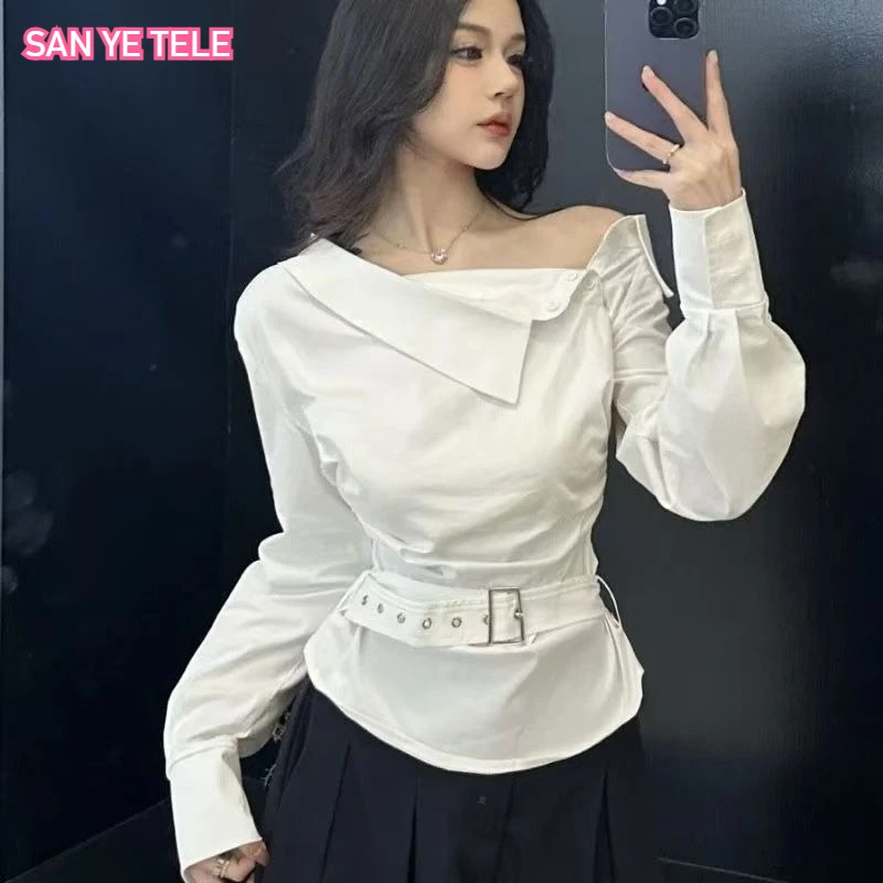 

Off Shoulder Wrinkled Shirt Bring Belt White Fashion Sexy Skew Collar Blouses Korean New Slim Design Long Sleeve Tops