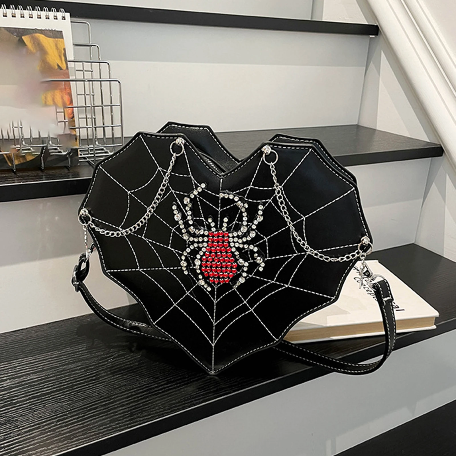 

Women Heart Shaped Handbag, Shiny Rhinestone Spider Web Shoulder Bag Adjustable Strap PU Purse Zipper Closure Crossbody Bag