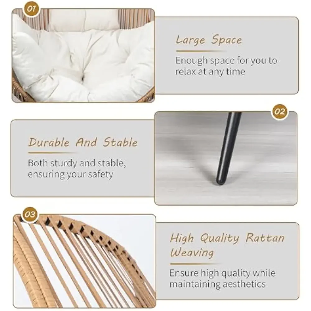 Chaise à œufs suspendue d'une capacité de 350 LBS, avec support et appui-tête avec coussin, chaise à œufs à double chaînes en rotin et osier, pour Patio, porche, chambre à coucher