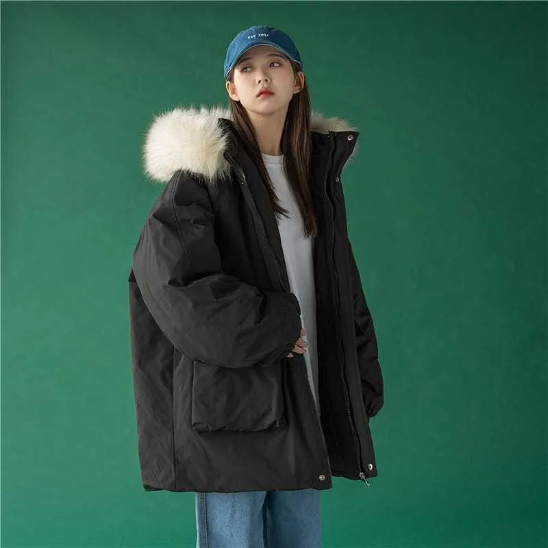 2023 New Women Padded Coat Winter Jacket Female Mid-length Frock Parkas  Big Fur Collar Outwear Hooded Loose Trend Overcoat