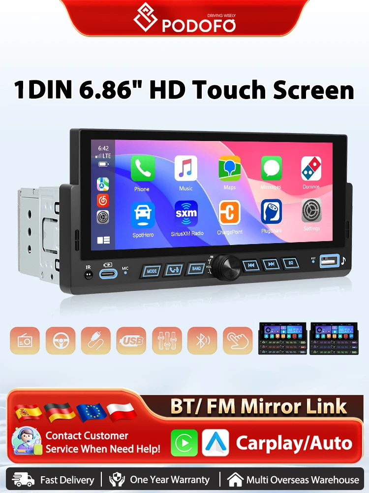 Podofo 1din 6,86 "Auto MP5 Player Carplay Android Auto Auto Multimedia Player Mirrorlink Lenkrad Steuerung Audio Stereo BT FM