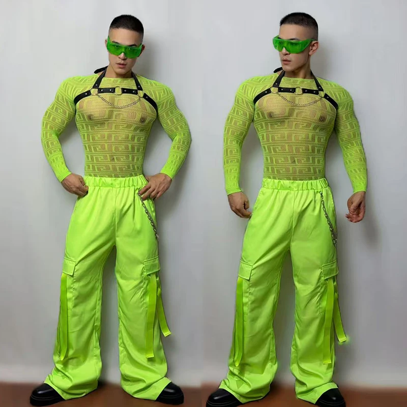 

Gogo Dance Sexy Clothes For Men Fluorescence Performance Wear Hollow Out Top Nightclub Bar Club Outfit Gogo Party Show Suit 5089