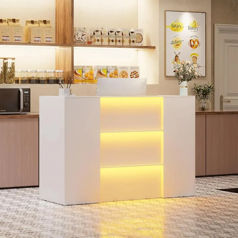 

63-Zoll-Empfangstheke, Rezeption mit RGB-LED-Leuchten, moderner Empfangstresen mit Theke und abschließbarer Schublade