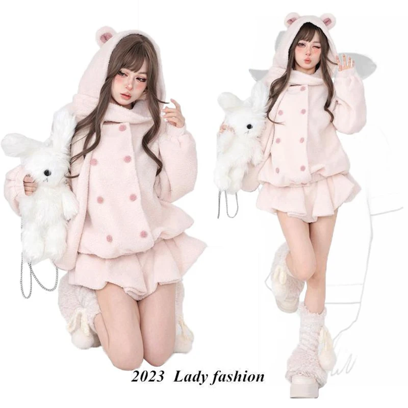 Winter Warm Long Sleeve Brown Pink Coat Women Hoodies 2023 Cute Little Bear Ears Loose Casual Korean Style Fashion y2K New Set.