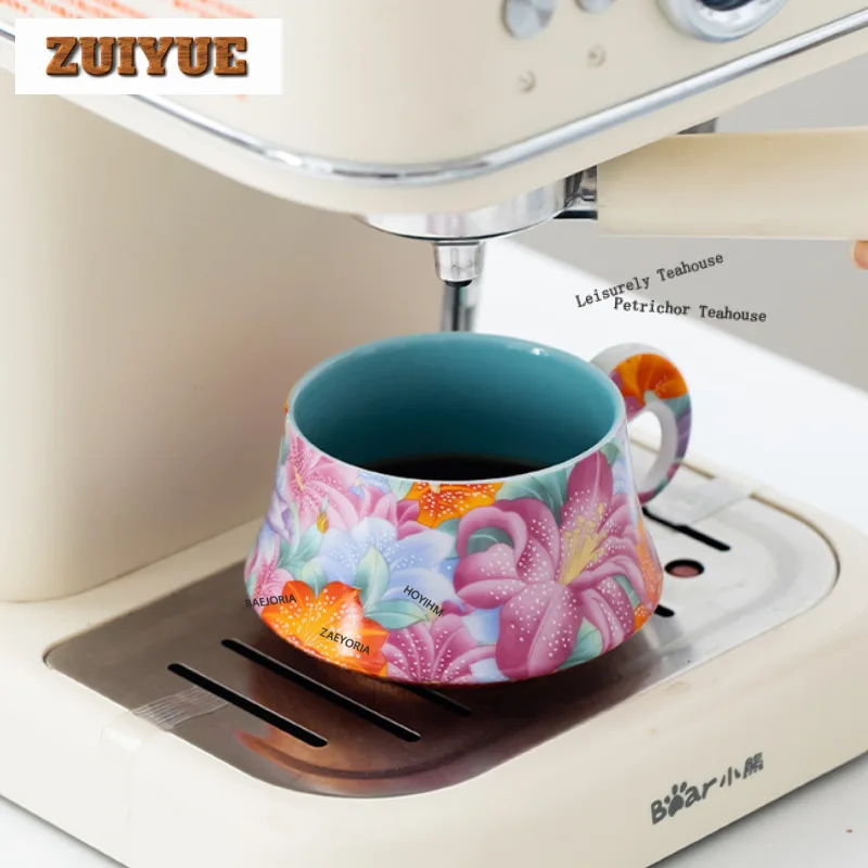 220ml Colour Enamels Peony Coffee Mug With Plate Latte Cereal Mug Afternoon Tea Mug Cup Saucer Kit Office Water Cup Drinkware