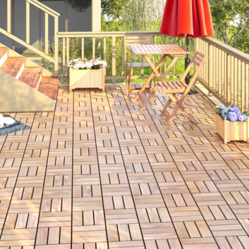 

30 Pieces Interlocking Deck Tiles Checker Pattern Yellow Acacia Hardwood Outdoor Flooring for Patio