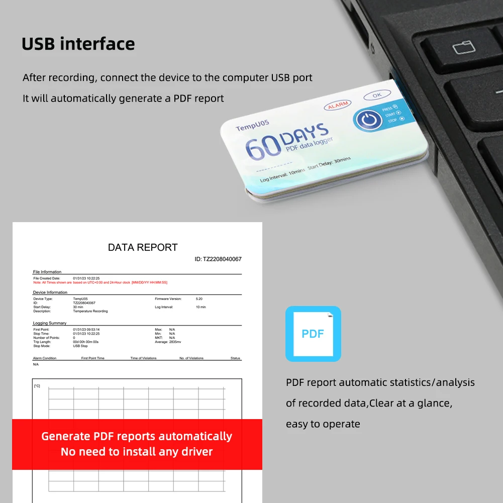 High Precision 60 Days USB Temperature Data Logger Alarm Thermometer Recorder Tester Report PDF for Lab Refrigerated Cold Chain