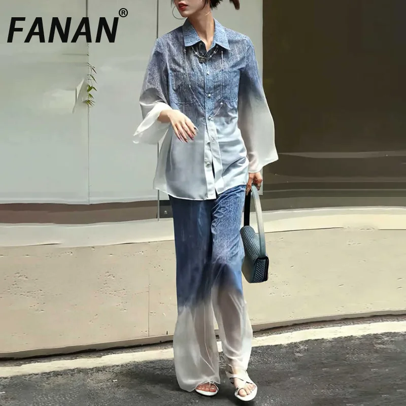

FANAN Hit Color Loose Two Piece Set For Women Lapel Long Sleeve Top High Waist Temperament Pant Sets Female New 2025 Autumn