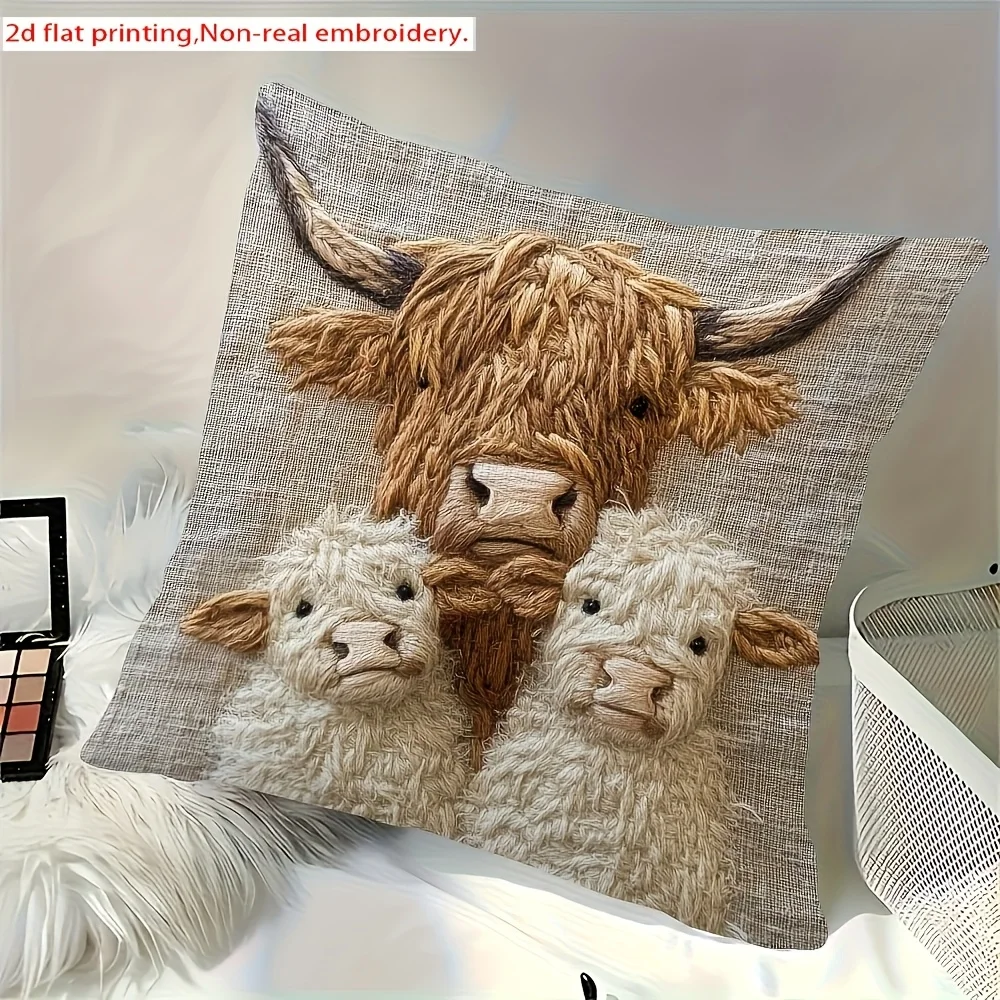 ‌2pc Highland Cow Pillow Cover 45x45cm - Vintage Farmhouse Decor Polyester Cushion Case for Sofa Bedroom Living Room Office