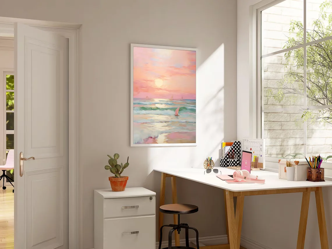 Frameless canvas paintings,Pastel Sunset Print Blush Pink Coastal Beach Preppy Ocean Painting Poster Boho Wall Art Decor Girly D