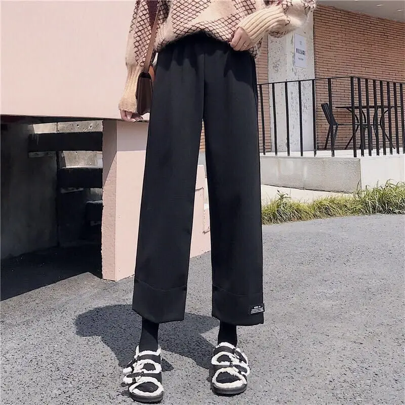 Korean Version 2024 New Women's Autumn Winter Spliced Elasticized High-waisted Pocket Fashion Solid Color Loose Casual Pants