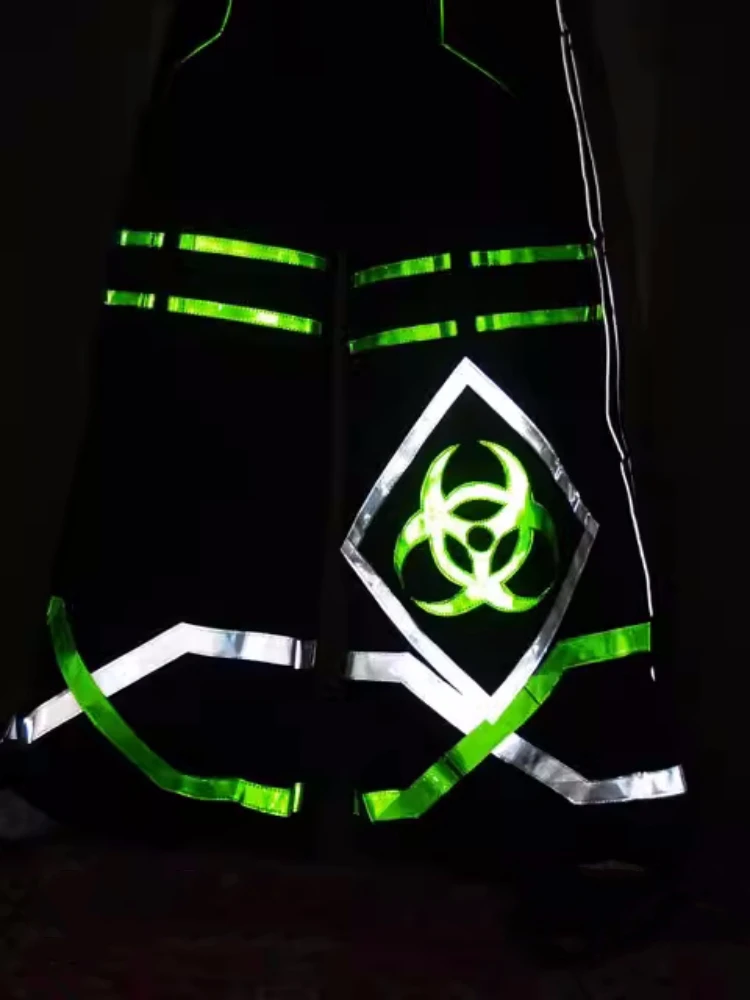 Unisex Green White Reflective Strip Night Vision Pants Shuffle Ghost Dancing Pants Luminous Death Trousers Teens Clothing