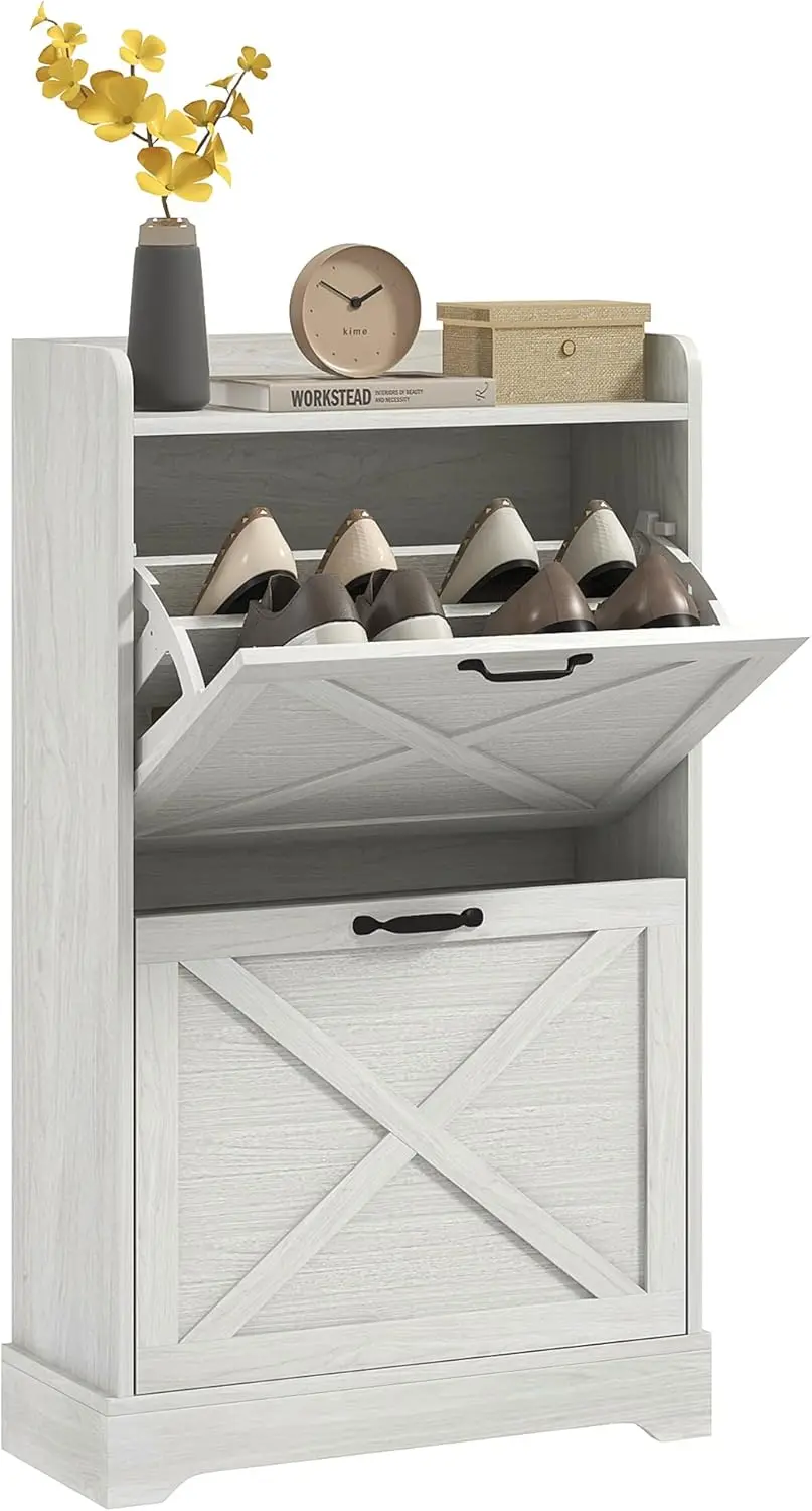 Homcom Slim Shoe Cabinet For Entryway, Farmhouse Hidden Shoe Storage Cabinet With 2 Flip Drawers And Adjustable Shelves For 8