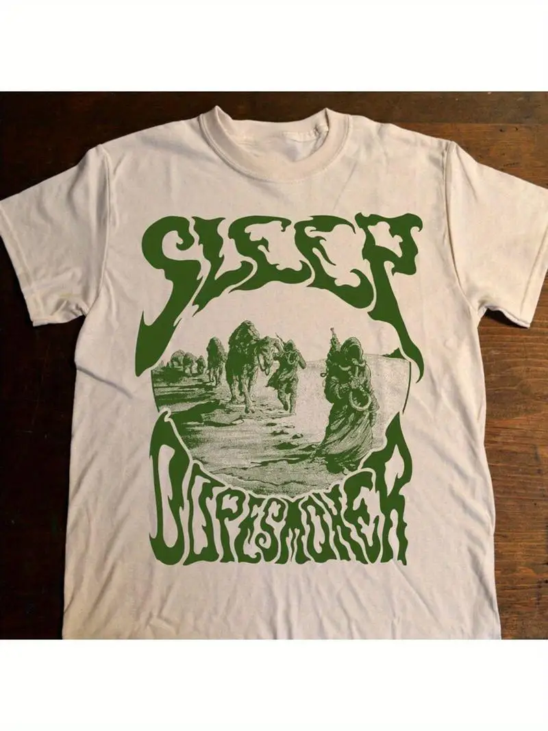 Stylish Light Beige Graphic Tee With Green Sleep And Occult Text Monochrome Desert Art Short Sleeve T-Shirt For Summer Gift