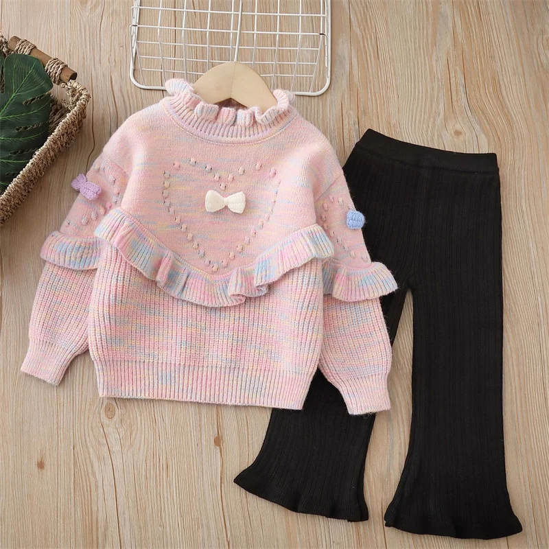 

Girls Sweater Knitted Sets 1-6 Years Winter New Girls Sweet Flower Knitted Pullover and Flared Pants Two Piece Set