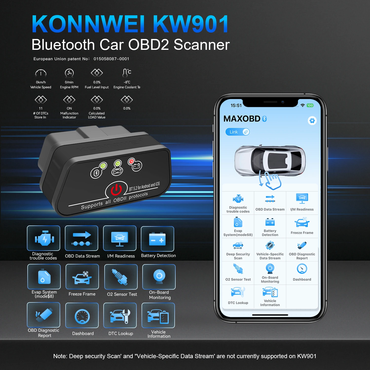 2025 neue KONNWEI KW901 ELM327 V1.5 Bluetooth 5,0 Auto Auto OBD2 Scanner Android/IOS Auto Diagnose Werkzeug Code Reader pk Vgate ICAR2 – Detail 1