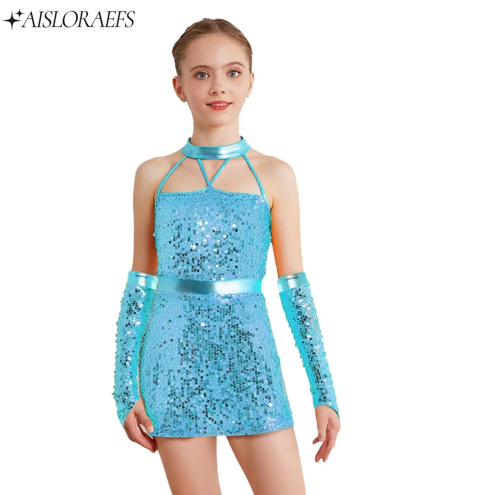 Kids Girls Jazz Dance Outfit Halter Strappy Sleeveless Sequins Dress Gloves Suit for Latin Chacha Samba Performance Competition
