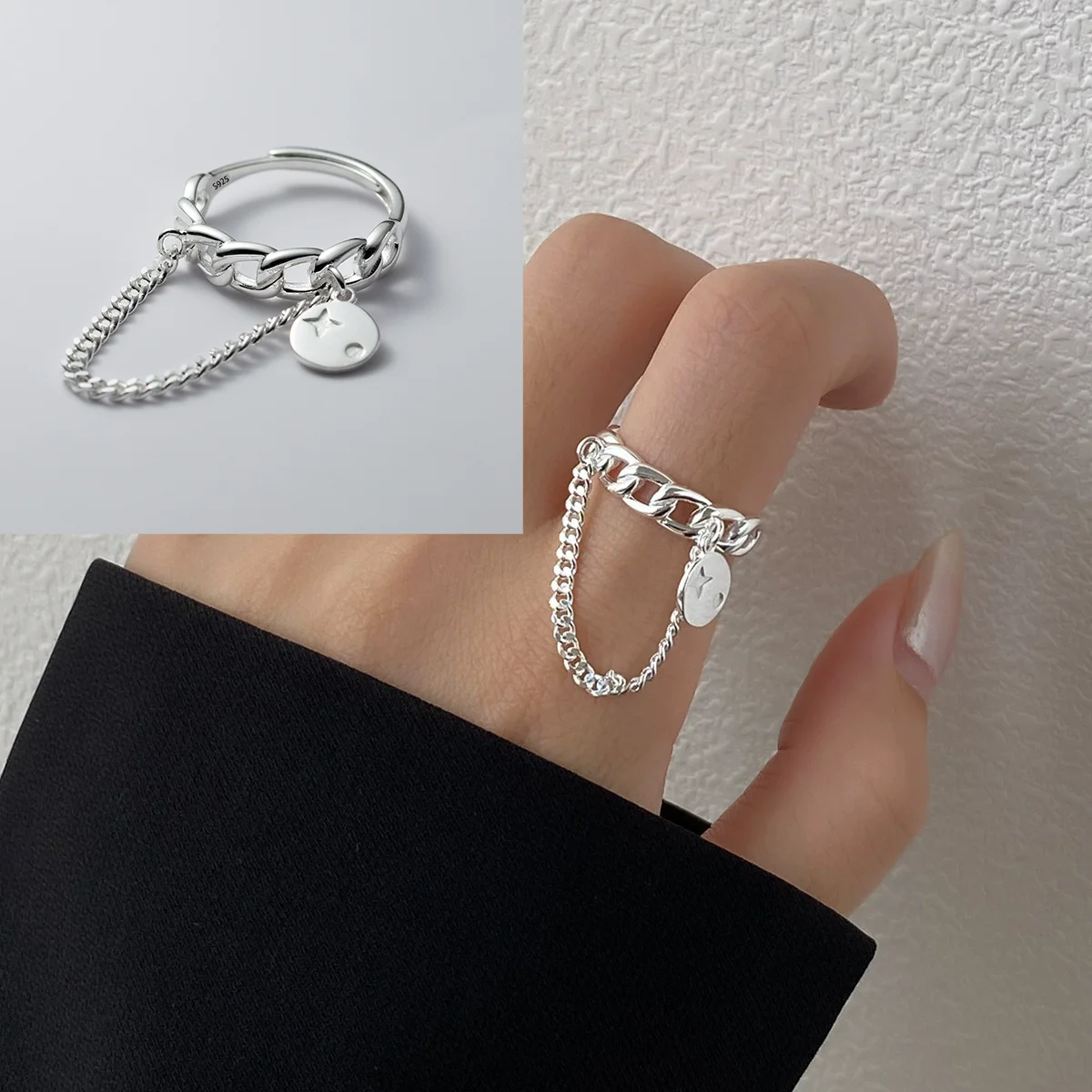 PANJBJ Echt 925 Sterling Silber Retro Runde Ring Für 2 Rigns Frauen Kette Vintage Edlen Schmuck Minimalistischen Zubehör Geschenk