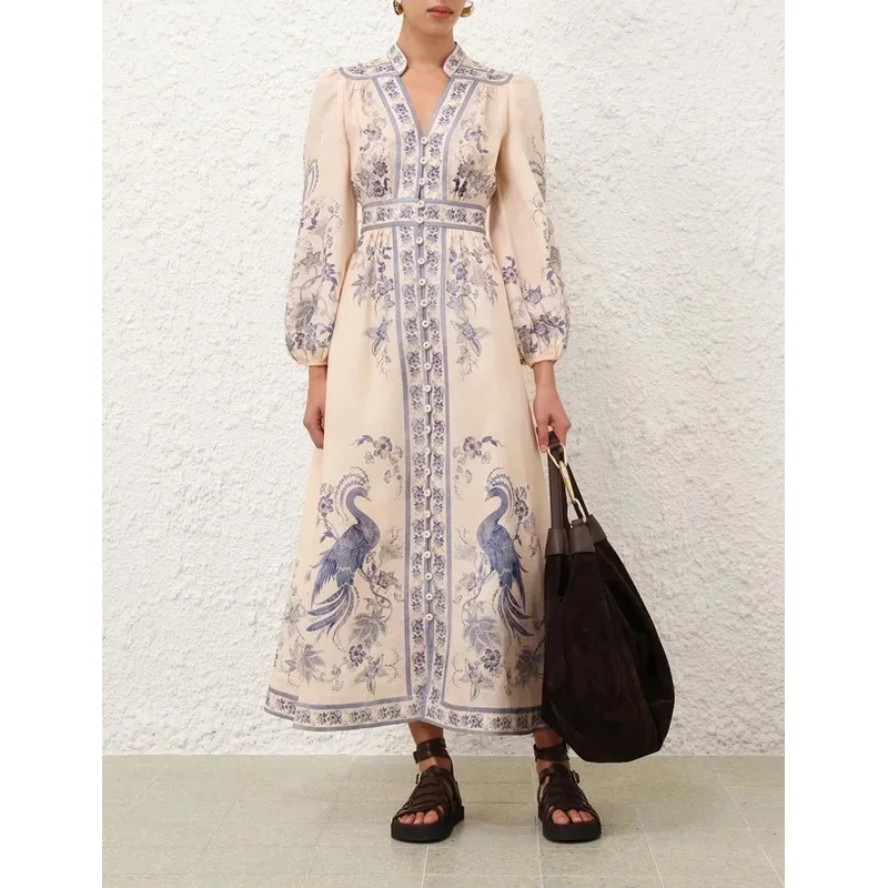 เดรสยาวปานกลางผ้าลินินแท้คุณภาพสูงลายดอกไม้สีขาวน้ำเงินพิมพ์ลายนก คอวี แขนยาว สำหรับผู้หญิง ปี 2025