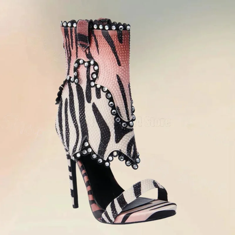 Zebra Print Rhinestone Decor Sandals Boots Back Zipper Women Shoes Thin High Heels Open Toe Novel Party 2025 Zapatos Para Mujere