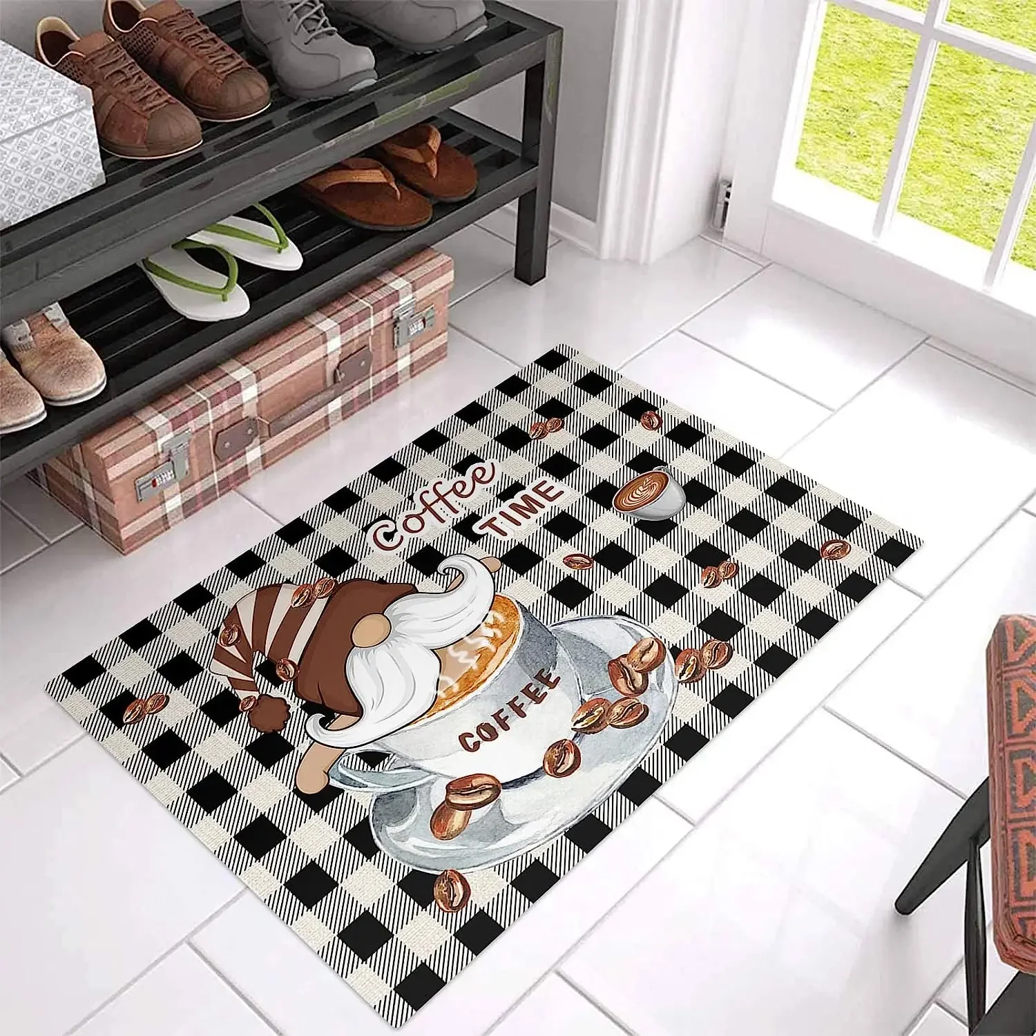 Kitchen Rug Coffee Time Quotes Gnome Dwarf Cup Bean Printed Floor Mats Anti-slip Long Strip Carpet for Bedroom Hallway Balcony