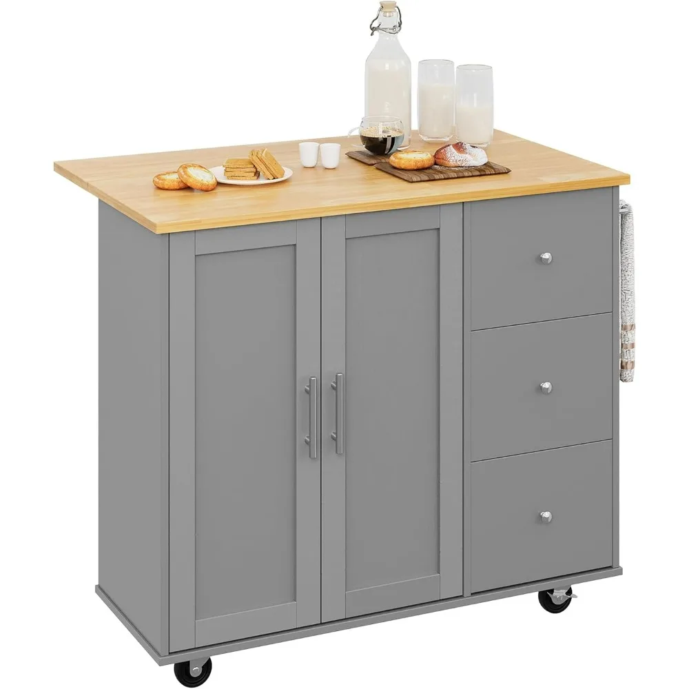 Portable rolling kitchen island cart with foldable fallen leaves and large storage cabinets, shelves, and drawers, gray