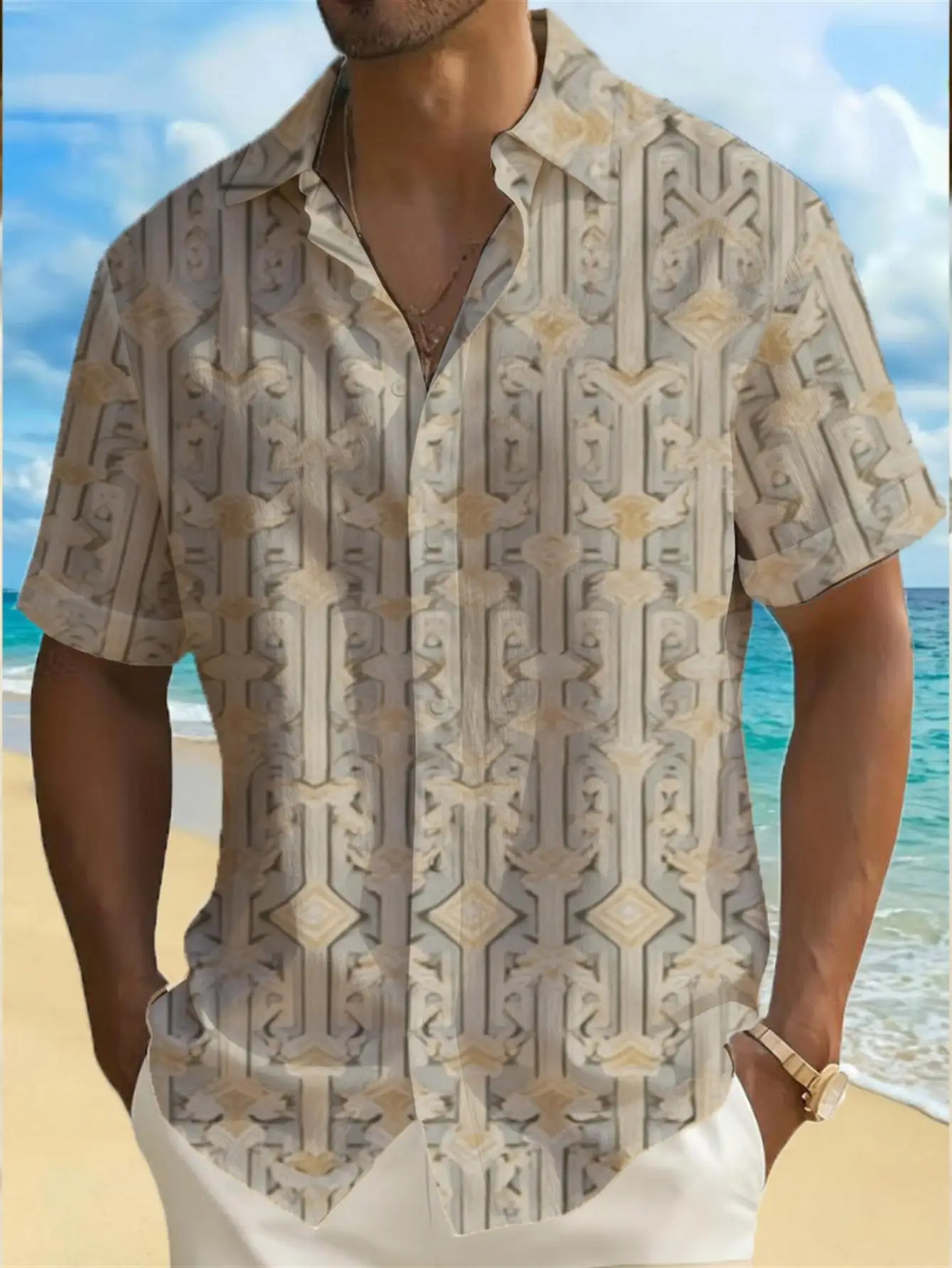 Men's Shirt Vintage Geometric Texture Print Short Sleeve Lapel Button Shirts Summer Beach Vacation Casual Tops Men Clothing