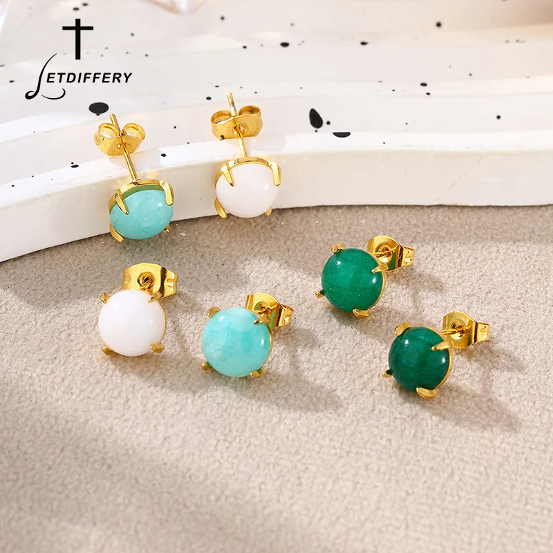 Letdiffery Round Shape Stud Earrings Stainless Steel Gold Color Natural Stone for Women Minimalist  Jewelry