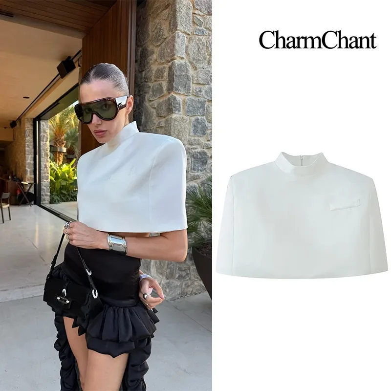 CHARMCHANT Women's High Neck Shoulder Pad Cape Shawl Style Sleeveless Cropped Blazer Back Zipper Crop Top Party Summer 2026