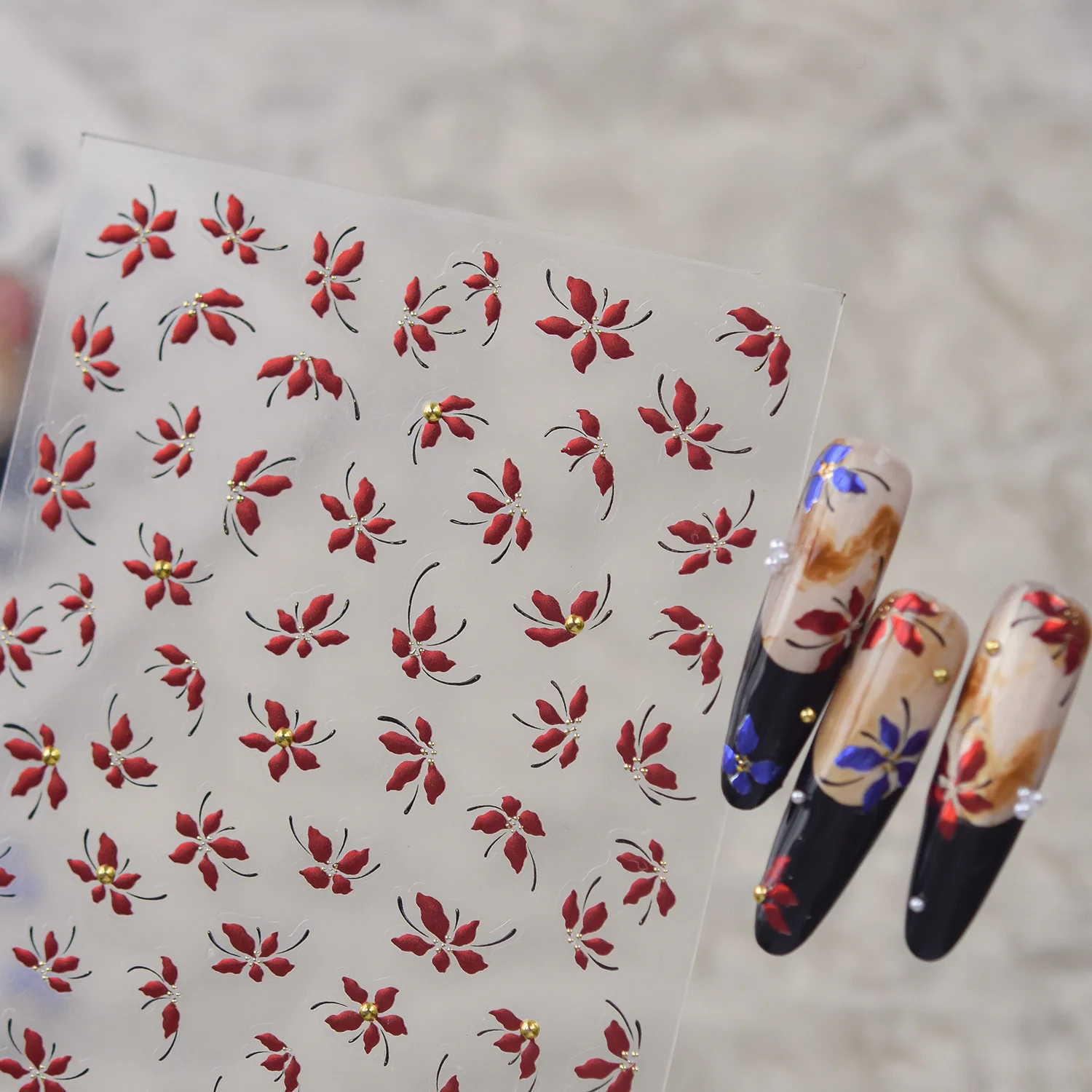 Einfache Fünfblüten-Blumen 5D Französische Nagelaufkleber Rot Blau Kristall Strass Blumen Retro Selbstklebende Nagelsticker für Frauen