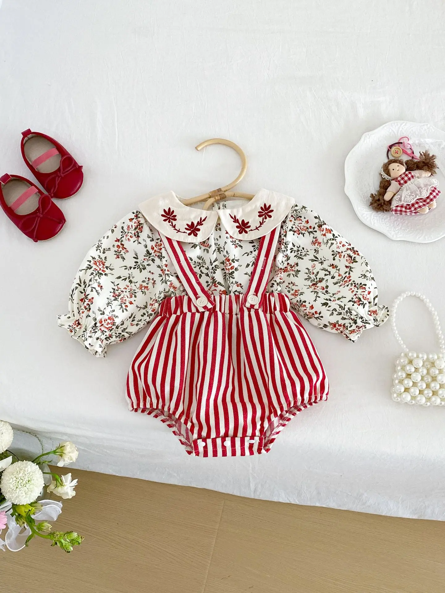 Autumn Cute Baby Clothing Sets Floral Print Peter Pan Collar Top+Suspender Pants 2Pcs For 3M-3Y Girls Stripe Infant Suit