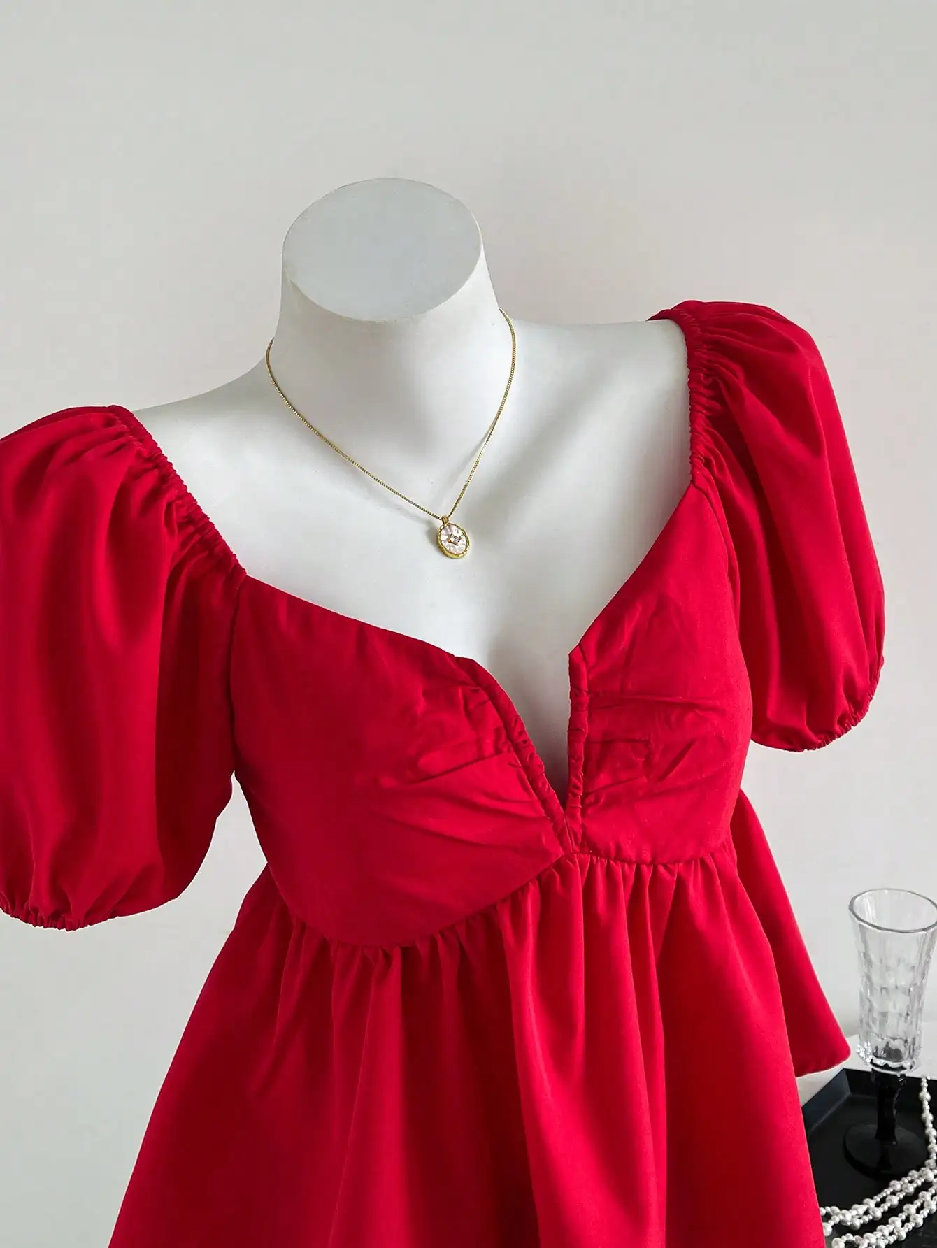 

Red Deep V-Neck Puff Sleeve Elegant Dress for Women, Casual & Party Wear