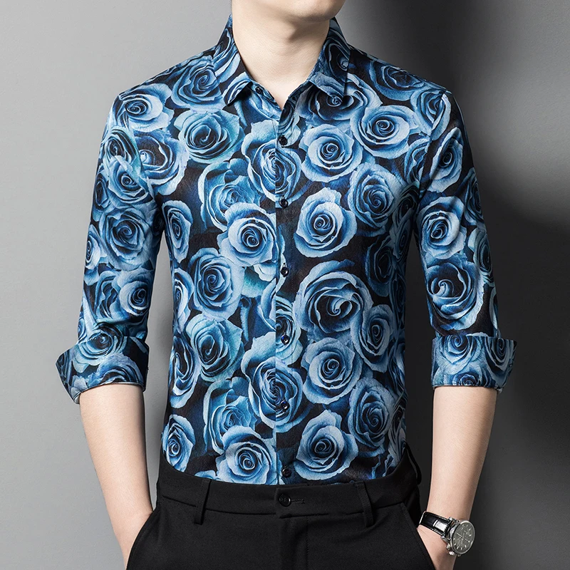 Designer Leisure Shirts For Men Long Sleeve Rose Digital Print Autumn Quality Skin-Friendly Silky Smooth Lapel Camisas De Hombre