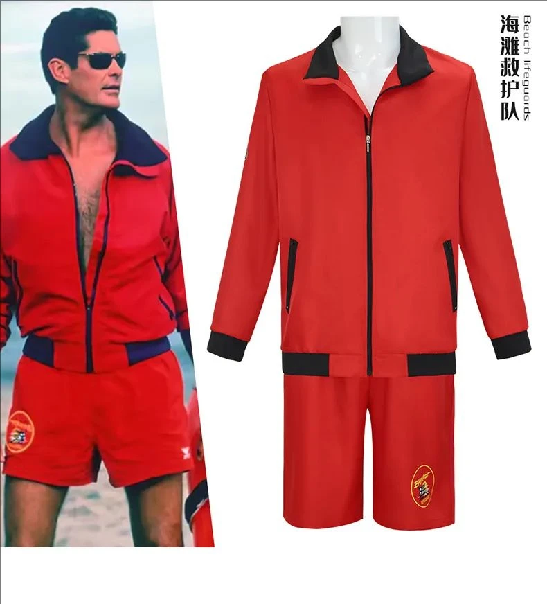 Image of Herren Mitch Buchannon Cosplay Roter Mantel Strandfilm Baywatch Mantel Strandstil Rote Jacke und Hose Komplettset Herren Karnevalsanzug