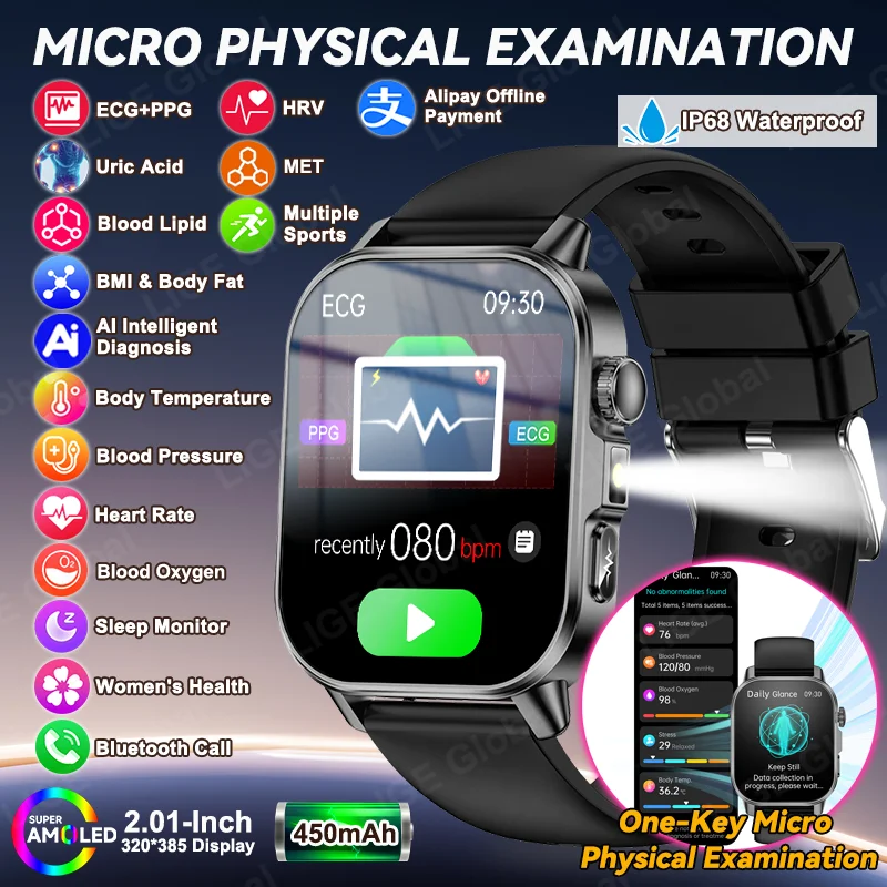 

Умные часы LIGE для мужчин и женщин с функциями ЭКГ, HRV, измерения уровня липидов, мочевой кислоты, артериального давления, микроанализа организма, 2.01-дюймовый AMOLED-экран, звонки по Bluetooth