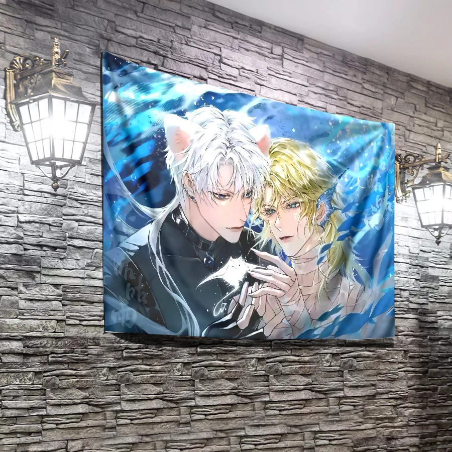 1PC Digital Printed Tapestry Wall Hanging, Anime Cat Ears Couple Blue Water Background, Yaoi BL Otaku Room Wall Art Decor - view 6